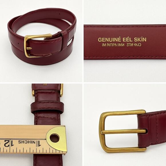 Genuine Eel Skin Burgundy Leather Belt Gold Buckle Classic Vintage Style Size 30 - Picture 2 of 5